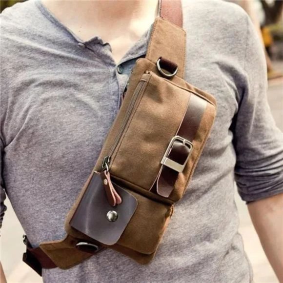 Men's Waist Bag Sports Coffee Canvas Belt Bag - Picture 3 of 8